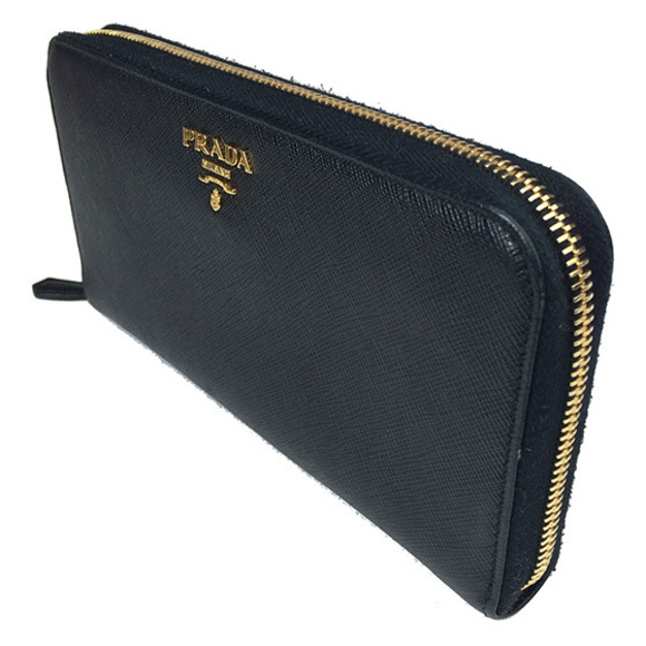 Prada Saffiano Leather Round Zipper Long Wallet Black Gold Metal - Picture 2 of 6
